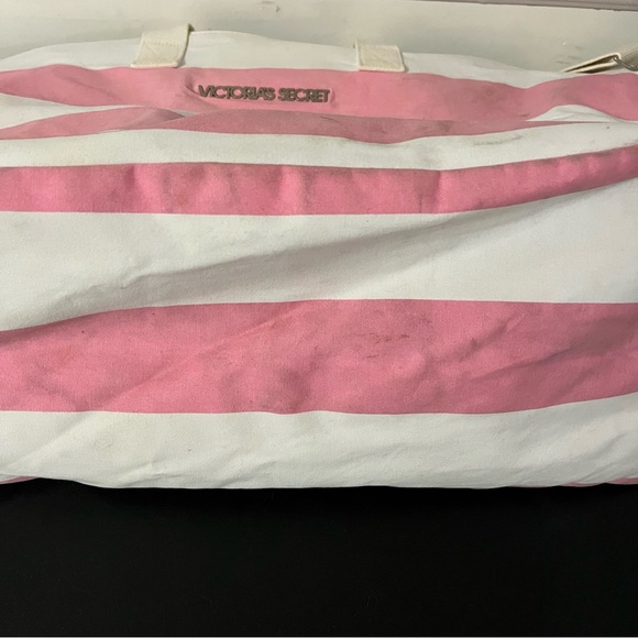 Victoria's Secret Pink and White Striped Canvas Tote Bag Large Zip Up has stains - Picture 4 of 9
